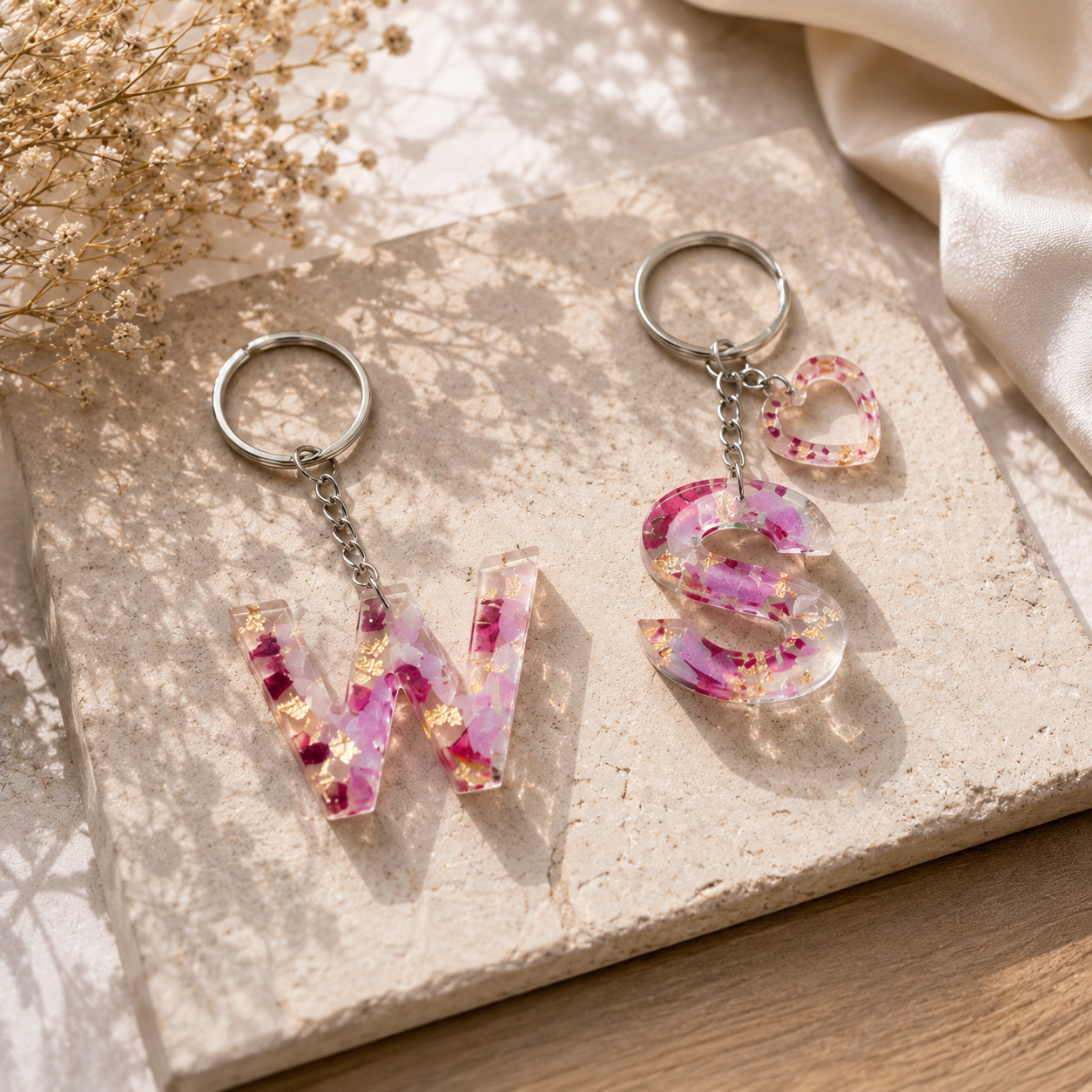 Handmade resin initial keychains with pressed petals and gold leaf